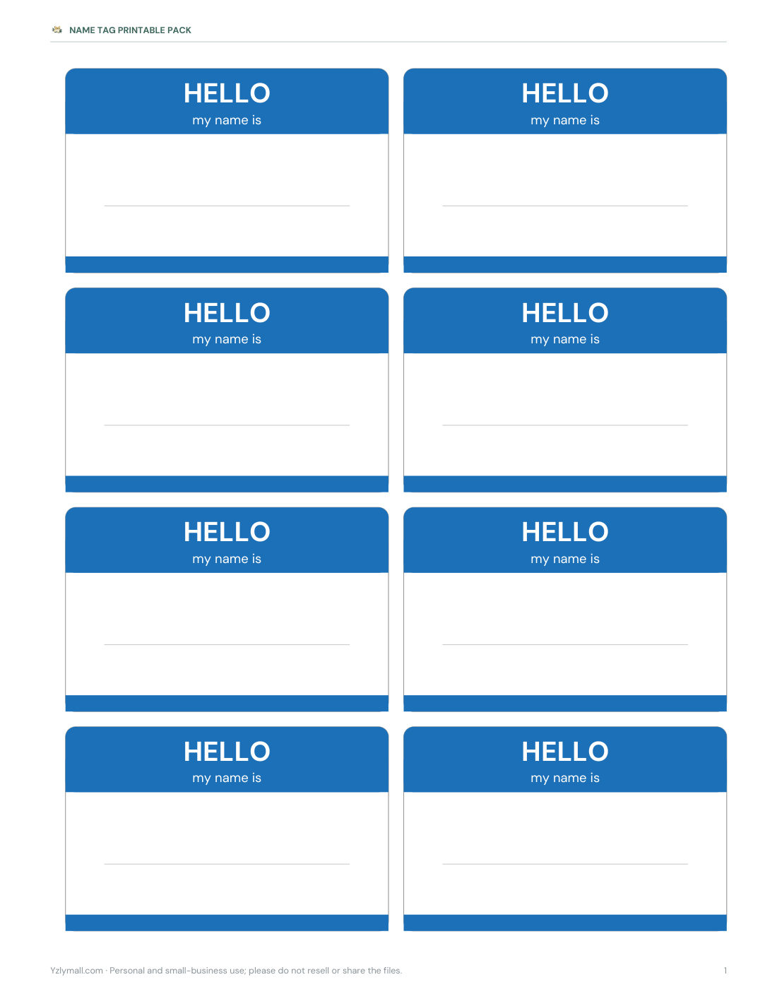 Preview of the first page of “Hello” tags — blue (PDF)