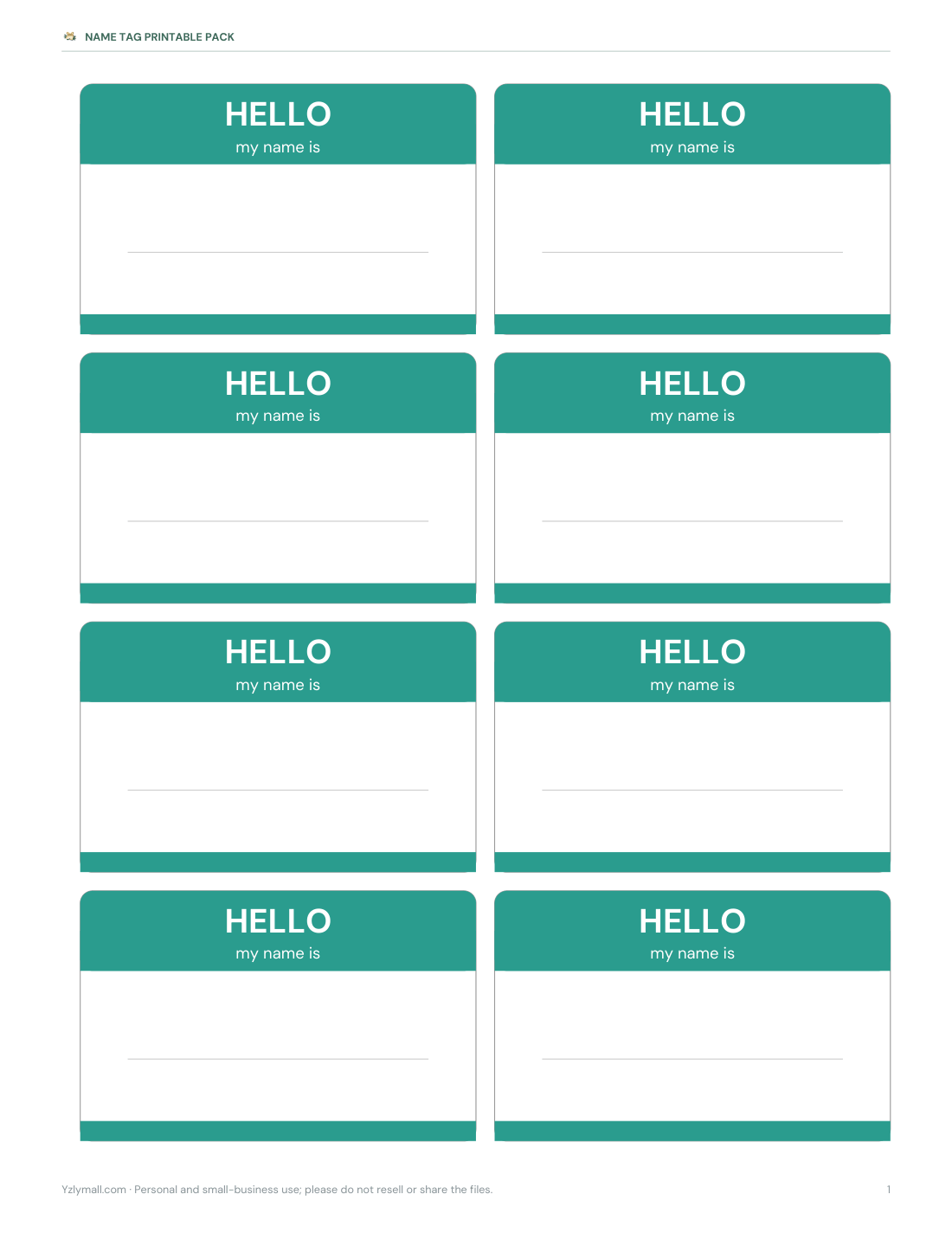 Preview of the first page of “Hello” tags — green (PDF)