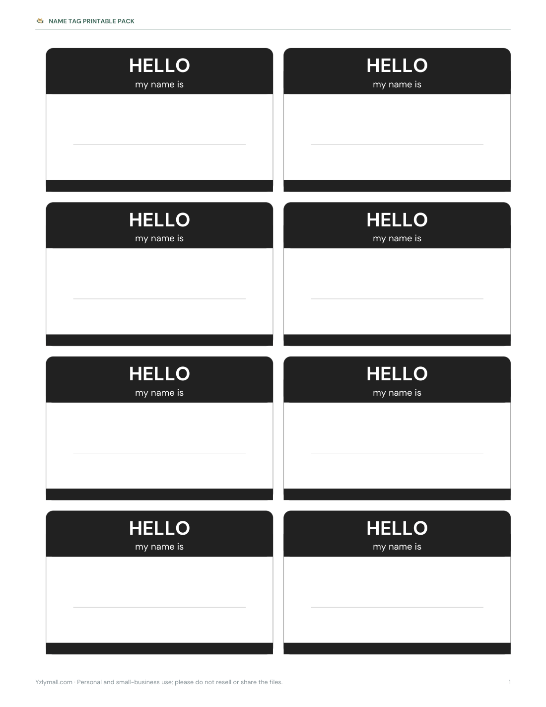 Preview of the first page of “Hello” tags — black (PDF)