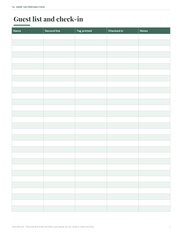 Preview of Printable Name Tag Check-In Sheet