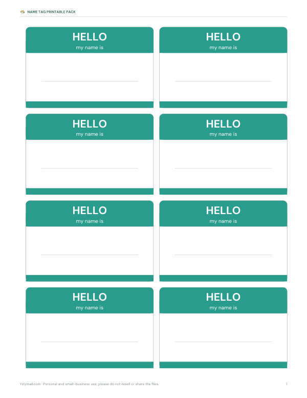 Preview of Free Green Hello Name Tags Printable