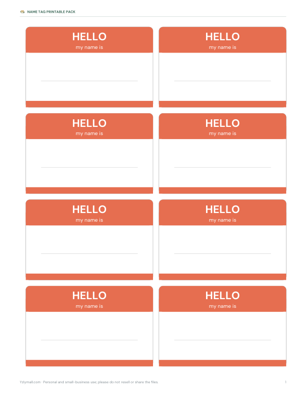 Preview of Printable Orange Hello Name Tags