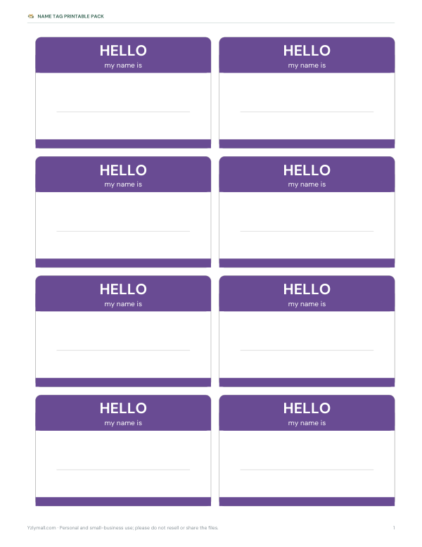 Preview of Free Purple Hello Name Tags Printable